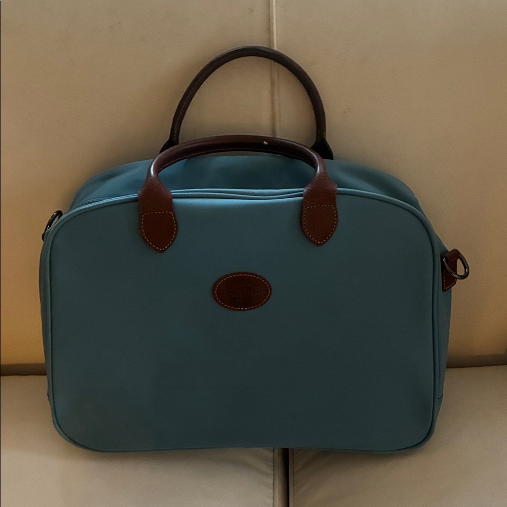 Blue Longchamp Travel Bag with Brown Leather Straps